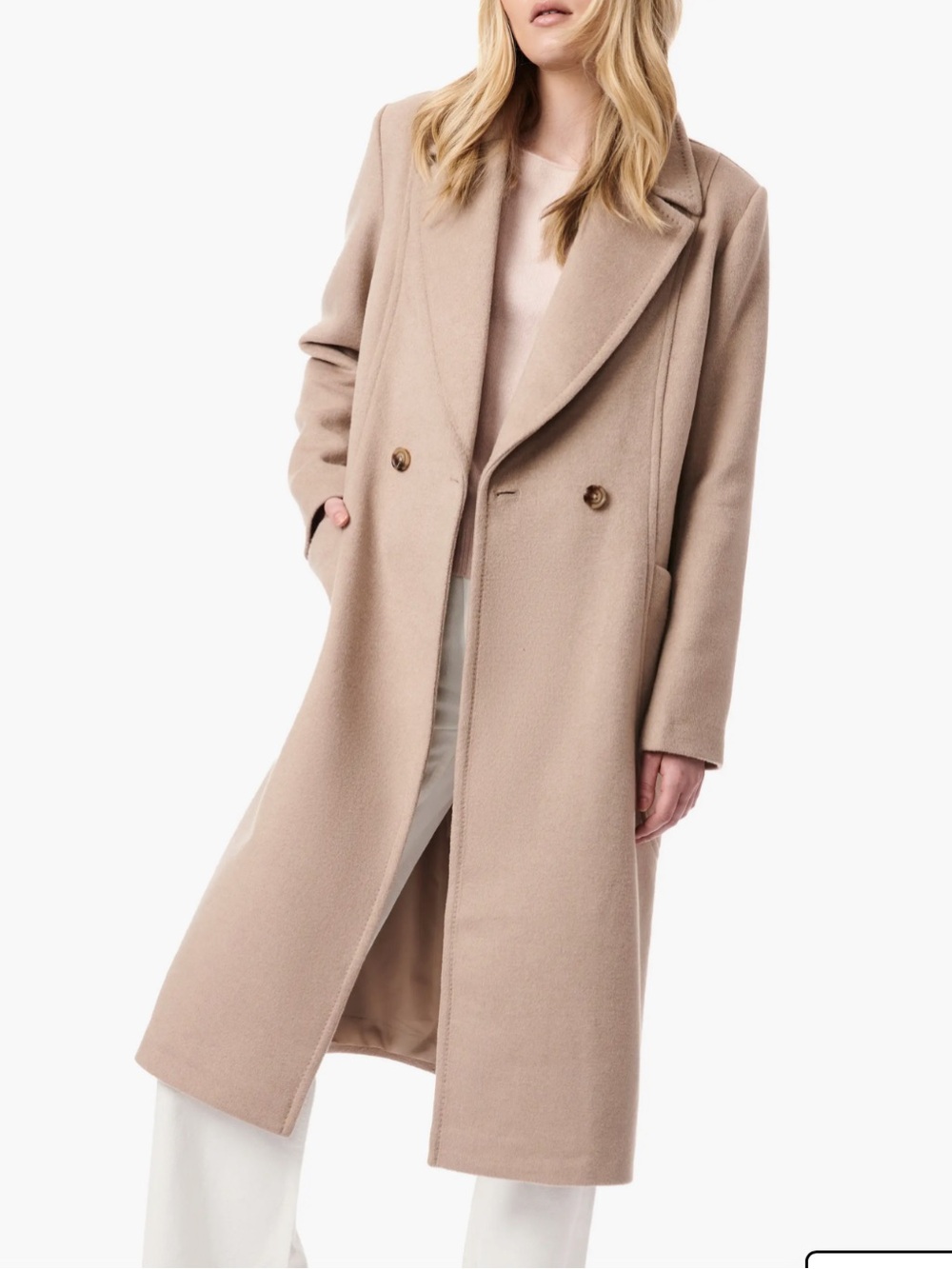 Bernardo Oat Milk Long Double-Breasted Wool-Blend Coat Small
